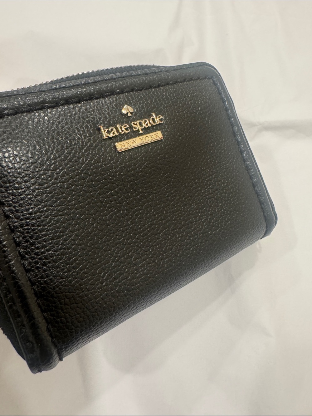 Kate Spade Black Pebbled Leather Compact Zip Wallet with Gold